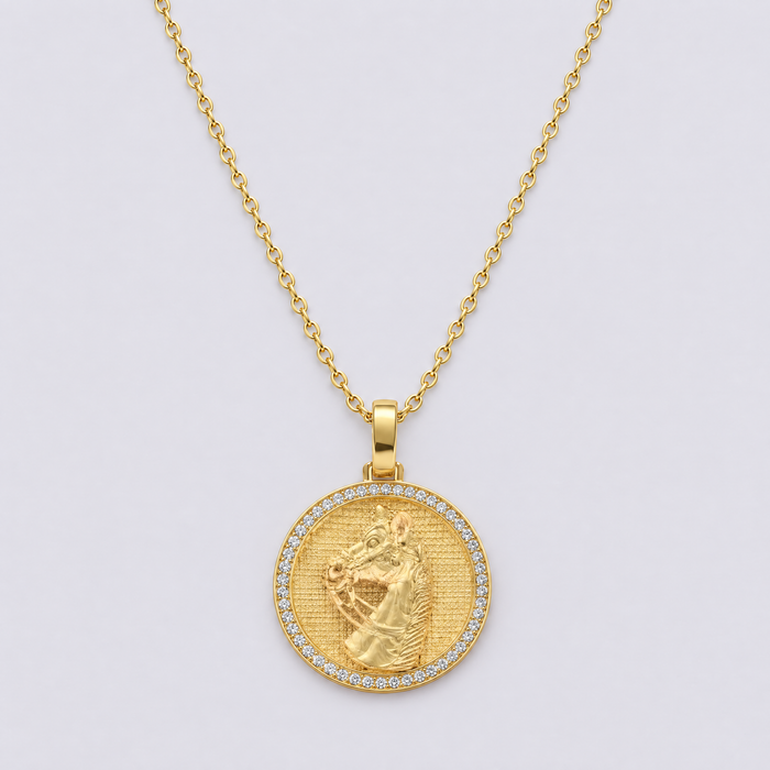 Gold equestrian horse medallion necklace