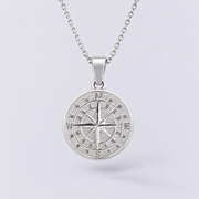 White gold compass pendant necklace front view